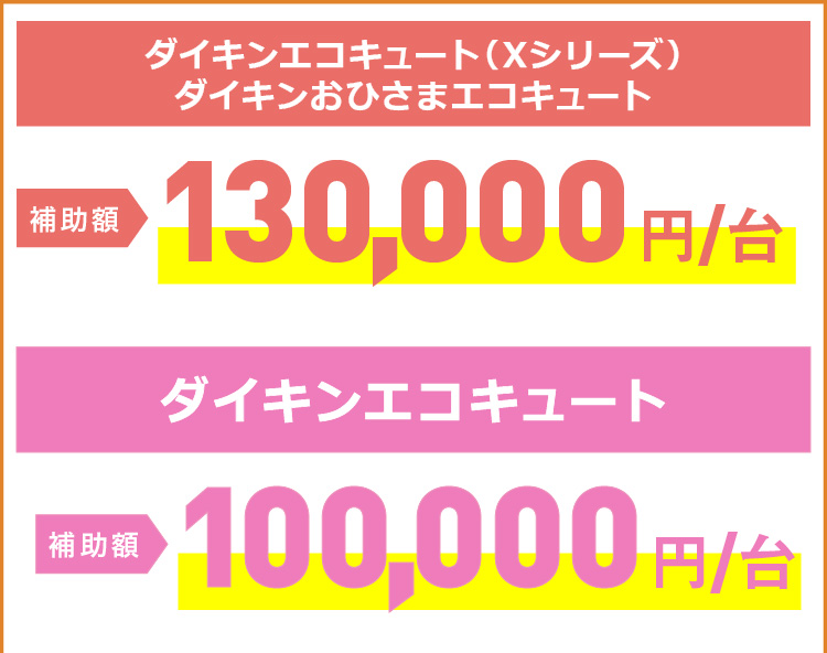 ダイキンエコキュート（Xシリーズ）ダイキンおひさまエコキュート：補助額130,000円/台。ダイキンエコキュート：補助額100,000円/台。